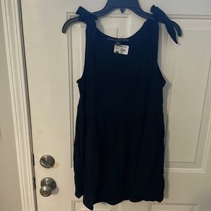 Tie shoulder black linen mini dress